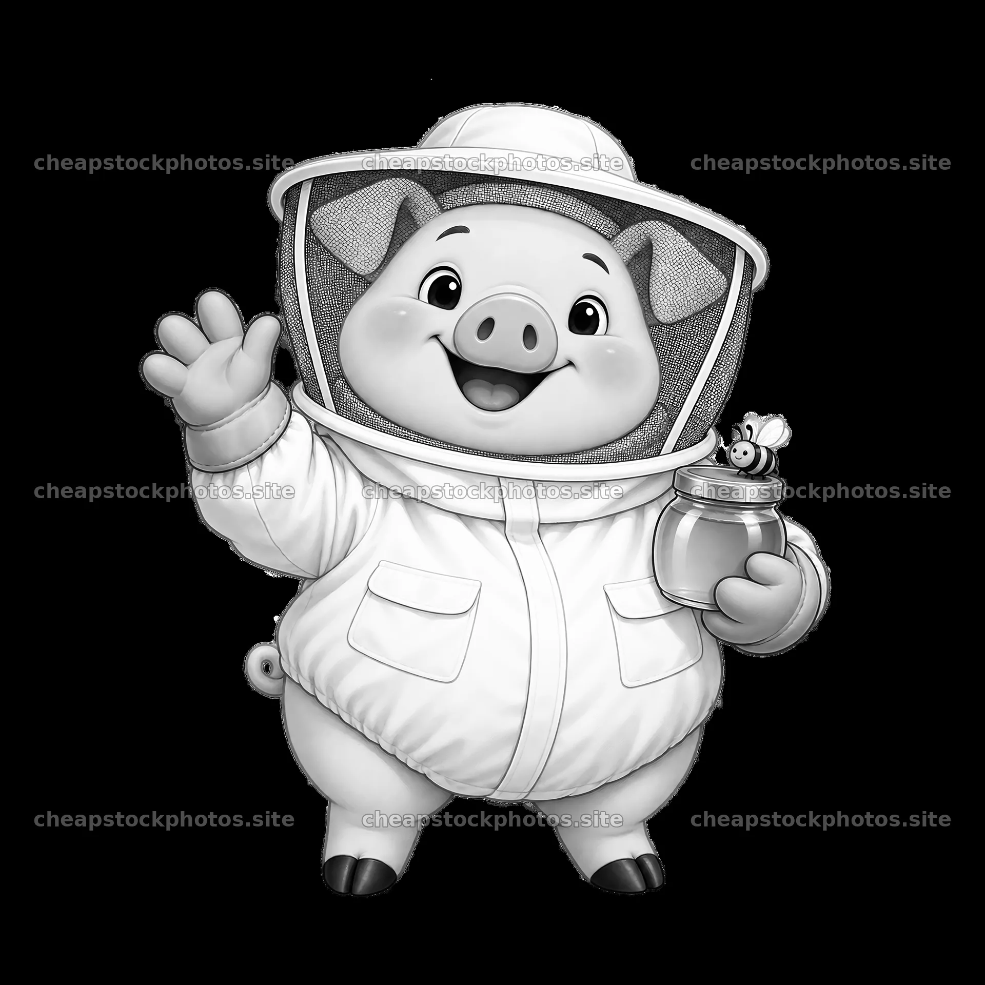 Pig wearing beekeeper suit holding honey jar and waving – stock photos 7746x7746