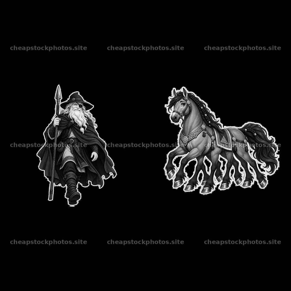 Odin carrying a spear beside his eight-legged horse Sleipnir – stock photos 7746x7746
