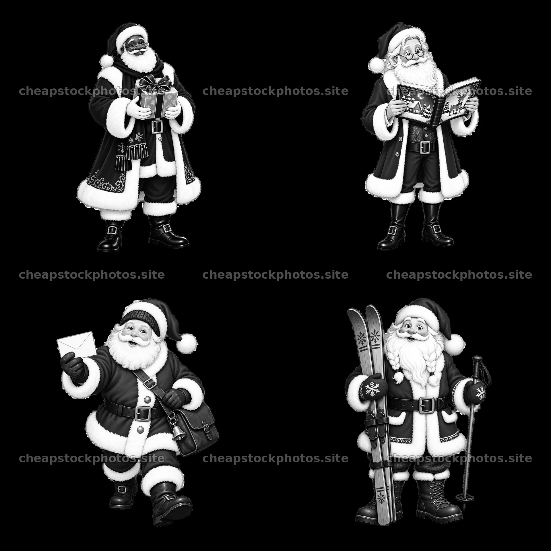 Santa Claus characters in various festive activities – stock photos 7746x7746