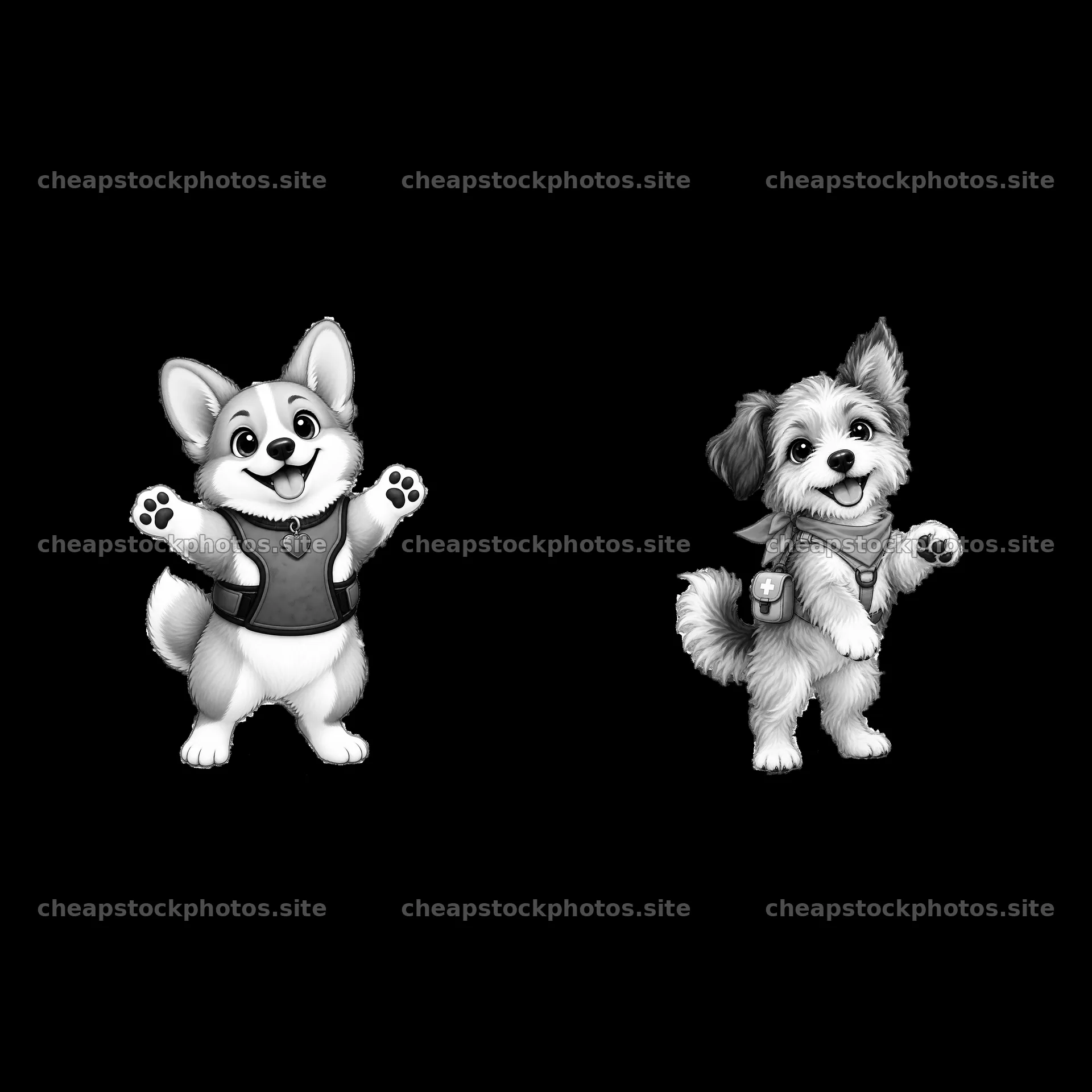 Cute K-9 dog duo in playful poses with accessories – stock photos 7746x7746