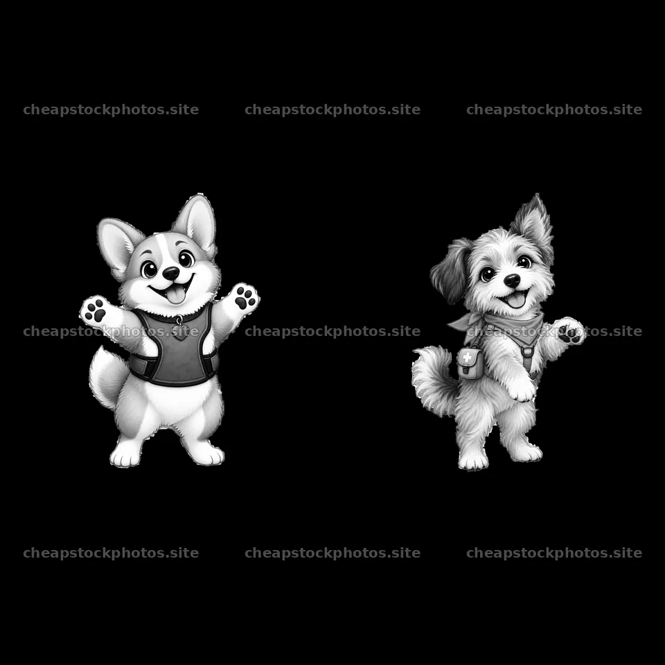 Cute K-9 dog duo in playful poses with accessories – stock photos 7746x7746