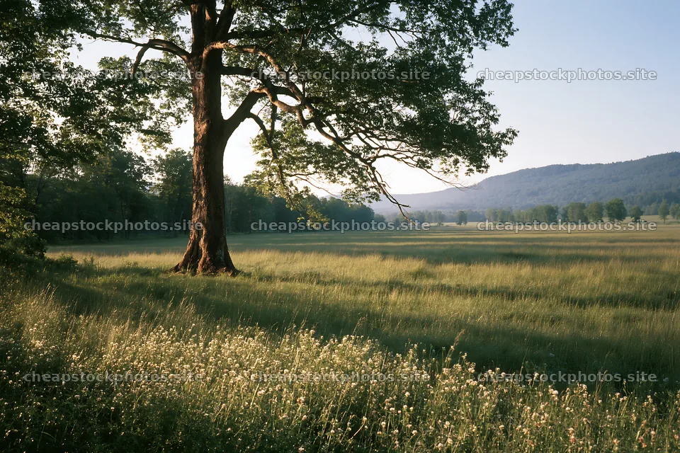Silver dew meadow with a large tree and grassy field – stock photos 9722x6480