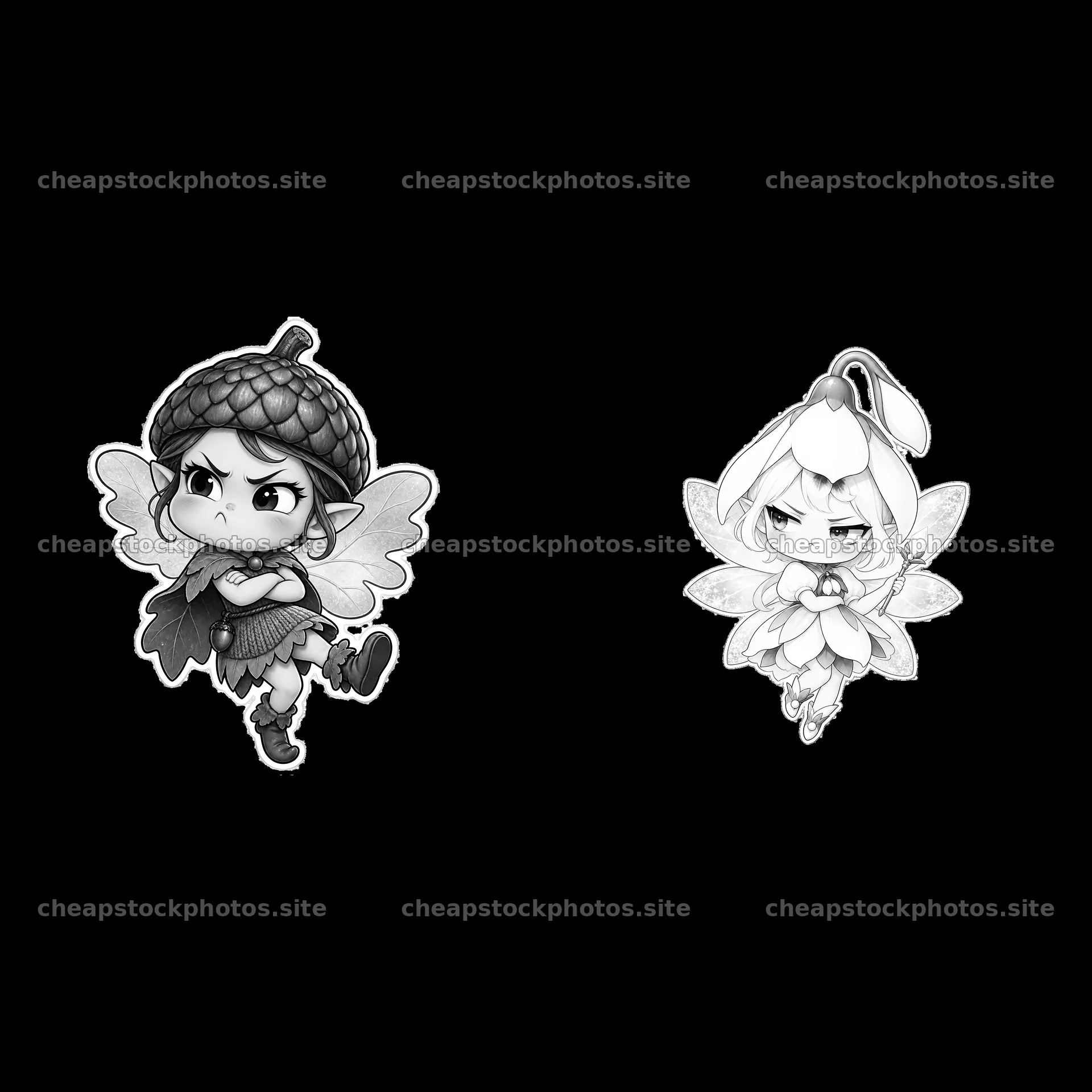 Grumpy fairy characters with detailed wings in monochrome style – stock photos 7746x7746