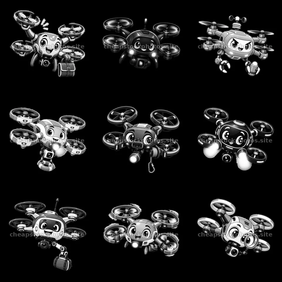 Three by three cartoon drone characters in various poses – stock photos 7746x7746