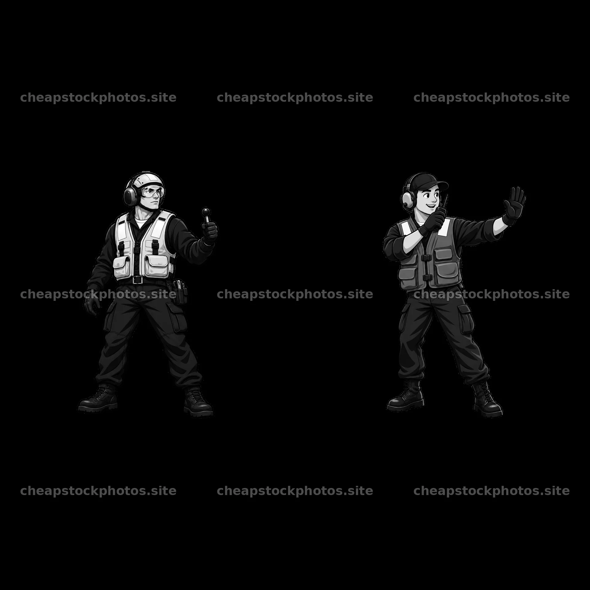 Cartoon figures of naval crew directing operations on aircraft – stock photos 7746x7746