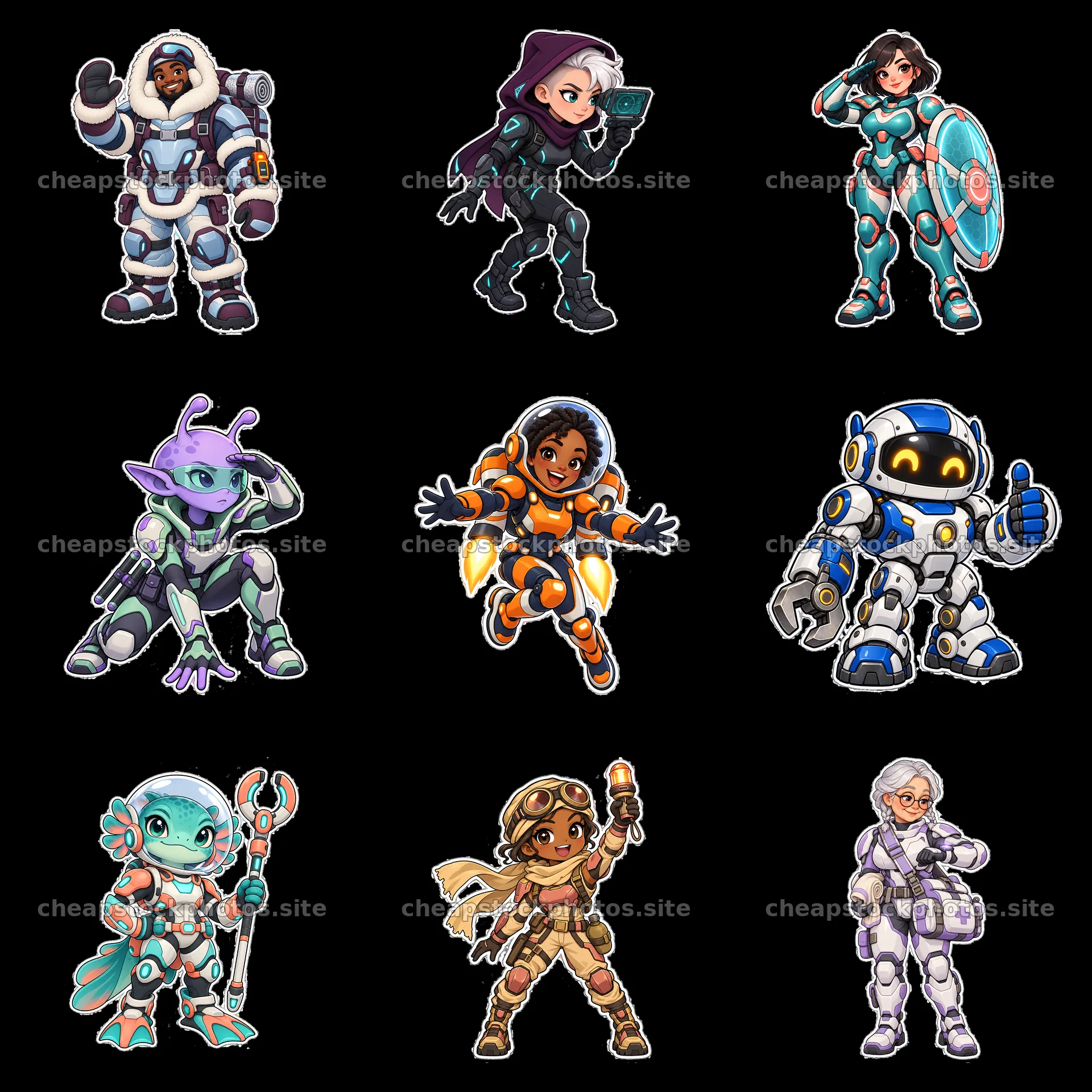 Kawaii futuristic super-soldier cartoon stickers in a 3x3 grid – stock photos 7746x7746