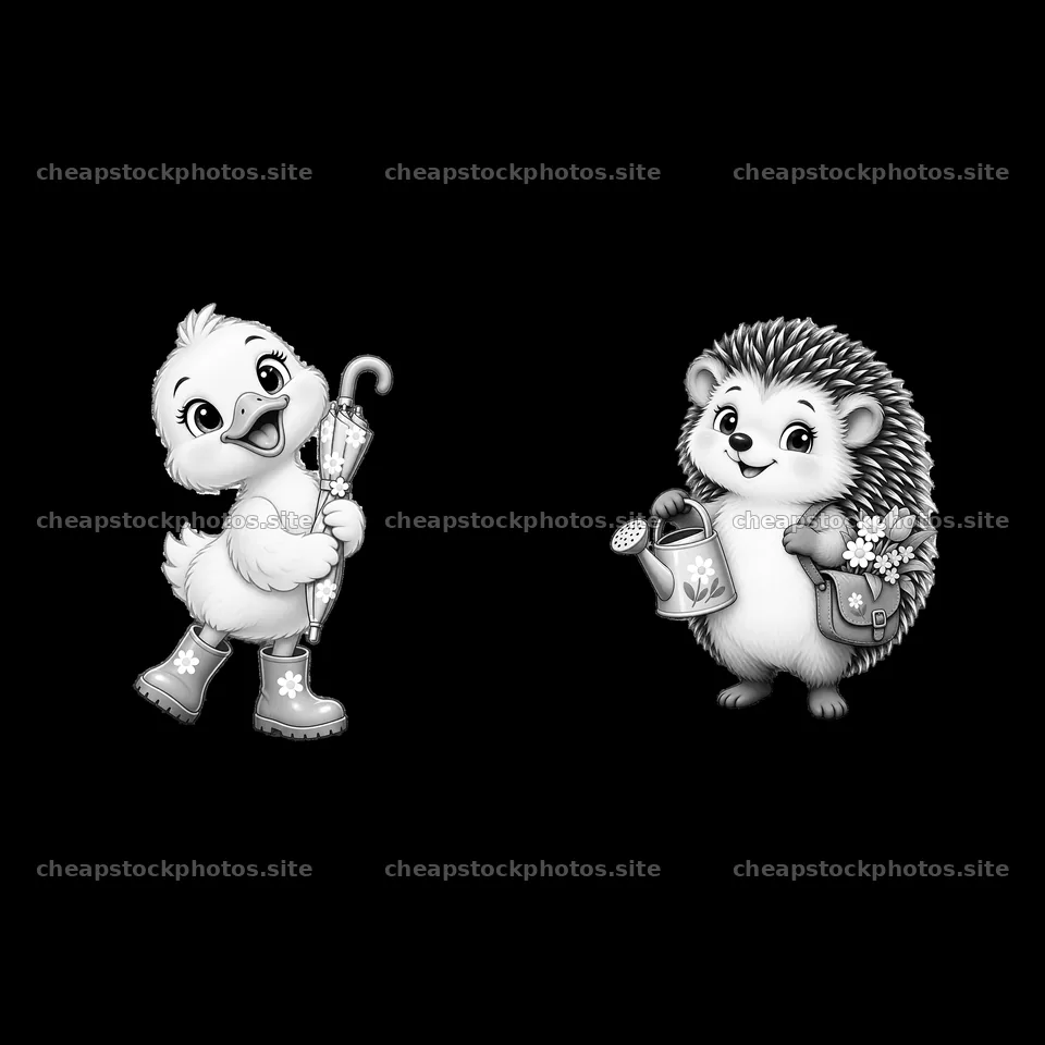 Easter characters with a duck holding an umbrella and a hedgehog – stock photos 7746x7746