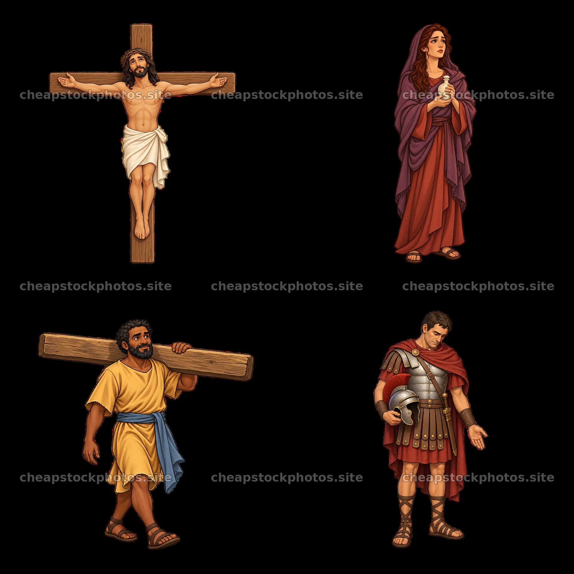 Jesus on the cross, Mary and Simon carrying the cross, Roman soldier – stock photos 7746x7746