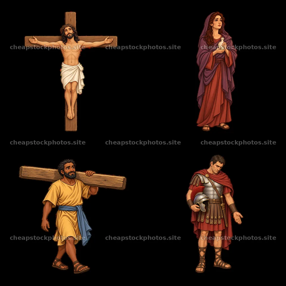 Jesus on the cross, Mary and Simon carrying the cross, Roman soldier – stock photos 7746x7746