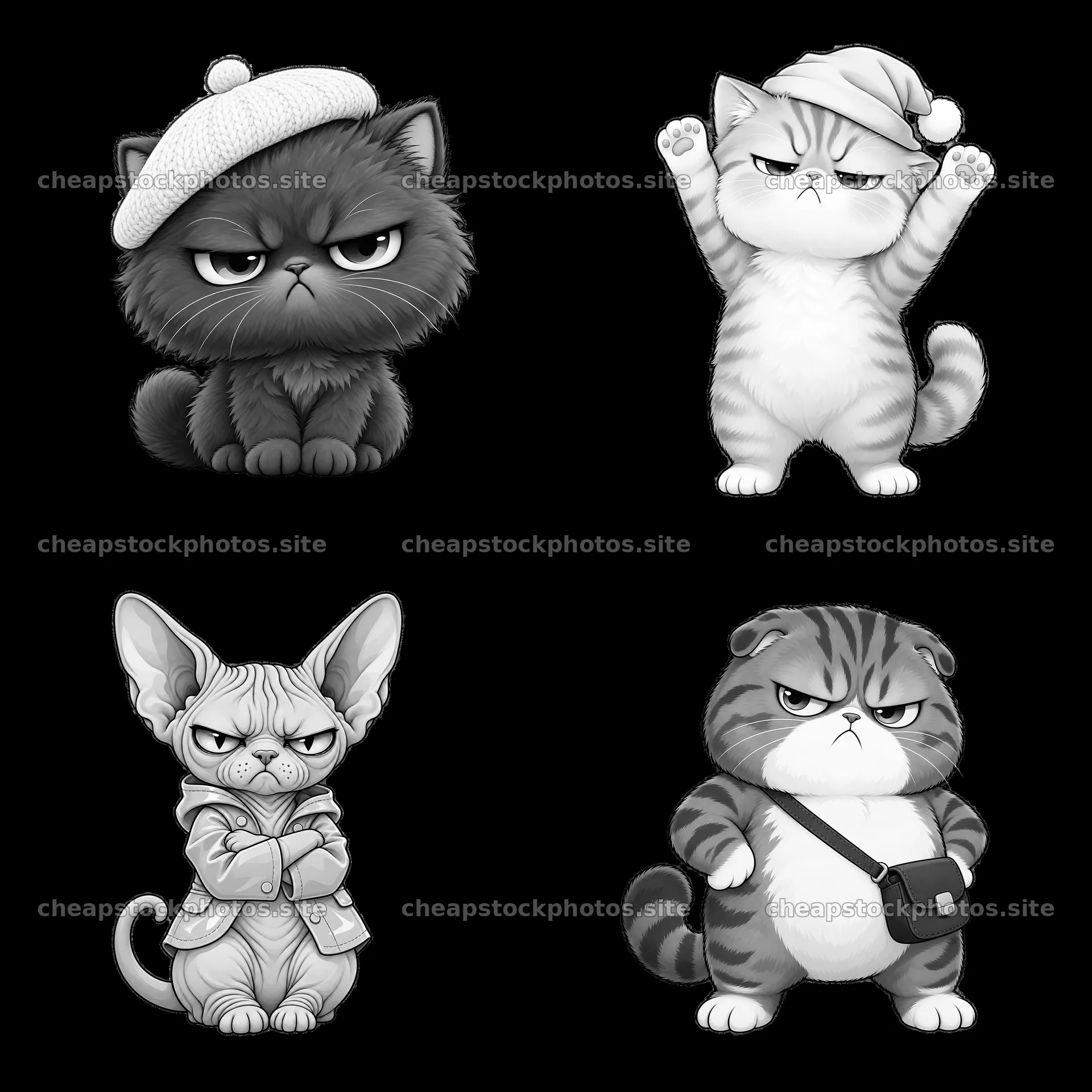 Kawaii grumpy cats in monochrome cartoon sticker design – stock photos 7746x7746