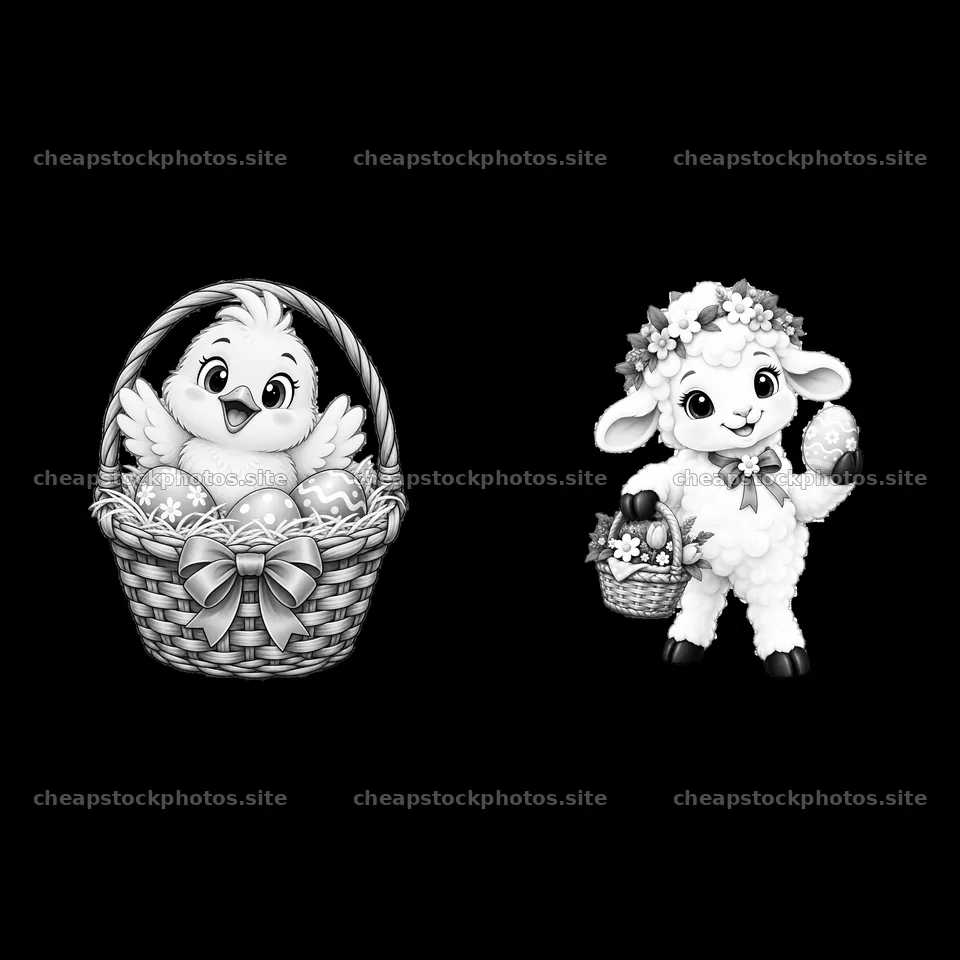 Cute chick in basket and sheep with Easter egg – stock photos 7746x7746