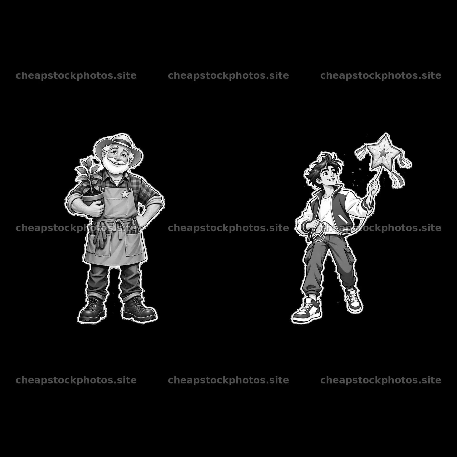 Gardener and child with star wand in a monochrome cartoon – stock photos 7746x7746