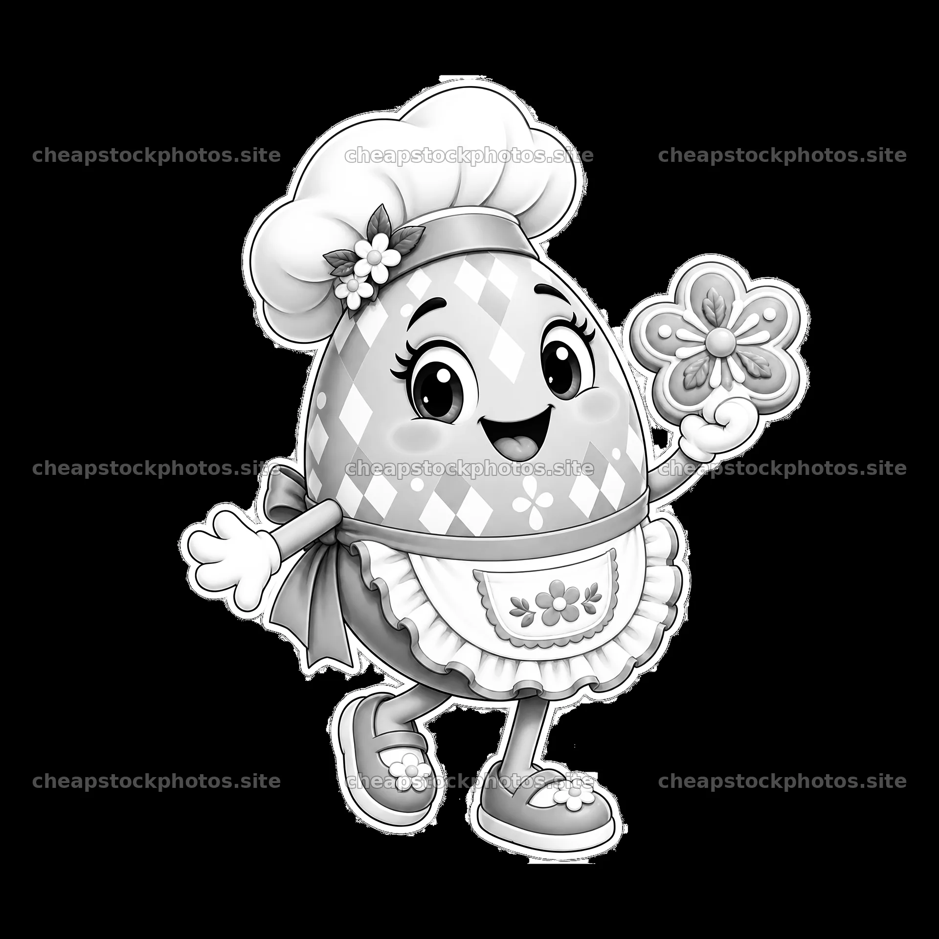 Cheerful cartoon Easter egg baker holding a flower cookie – stock photos 7746x7746
