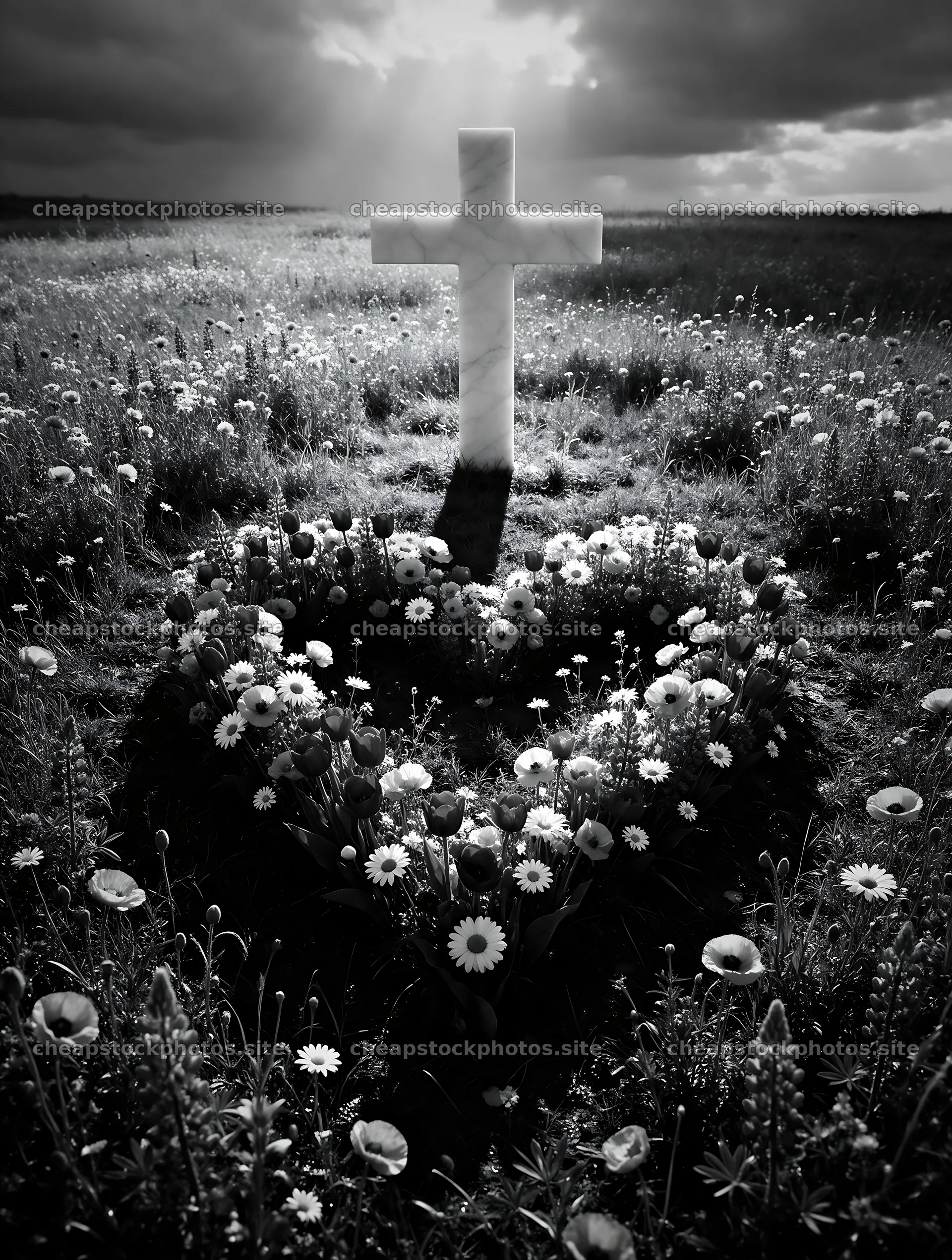 Marble cross surrounded by flowers in meadow – stock photos 6898x9134