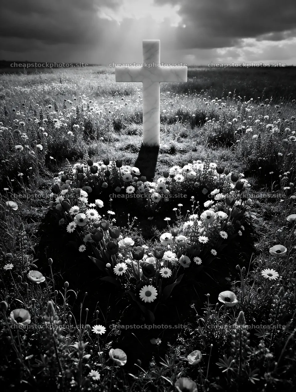 Marble cross surrounded by flowers in meadow – stock photos 6898x9134
