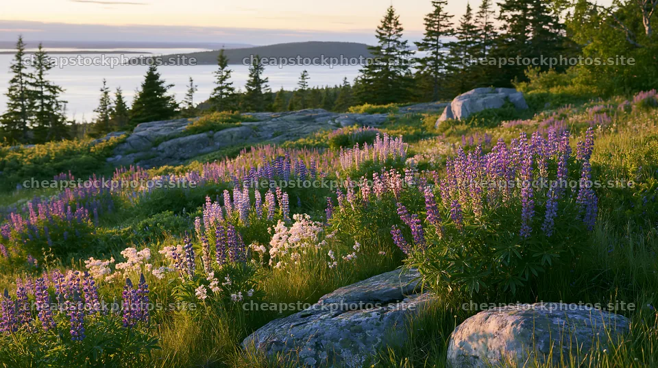 Colorful lupine meadow in a natural landscape at sunset – stock photos 10608x5938