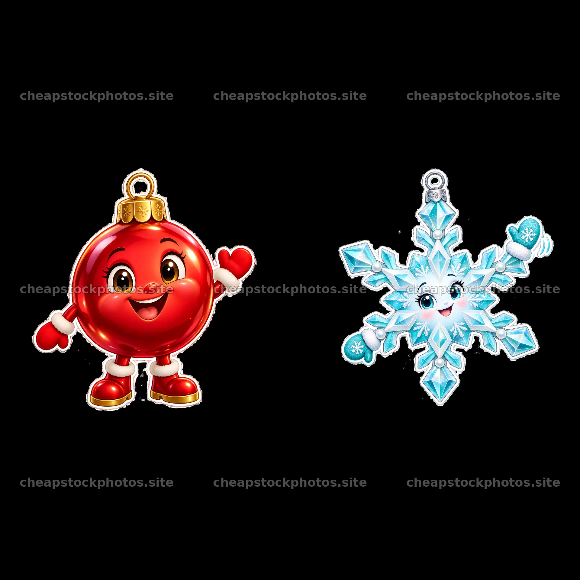Christmas ornament characters, a smiling red ball and a snowflake – stock photos 7746x7746