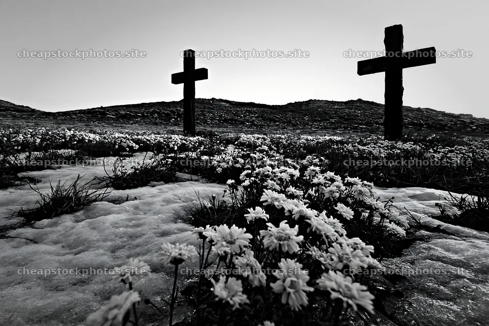 Multiple Christian crosses in snowy meadow with flowers – stock photos 9722x6480