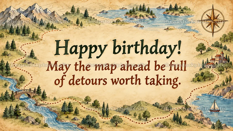 Adventure Map Birthday Greeting with Compass Rose – stock photos 10324x5812