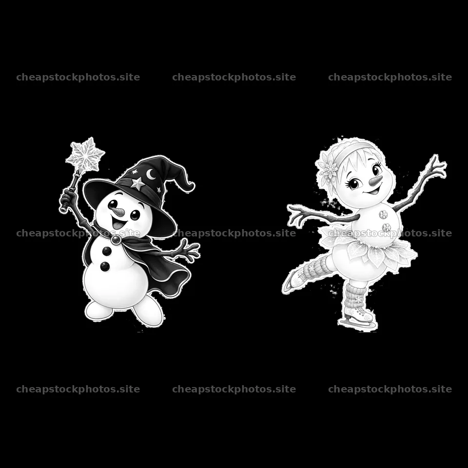 Snowman with a magic wand and ice-skating girl sticker illustration – stock photos 7746x7746