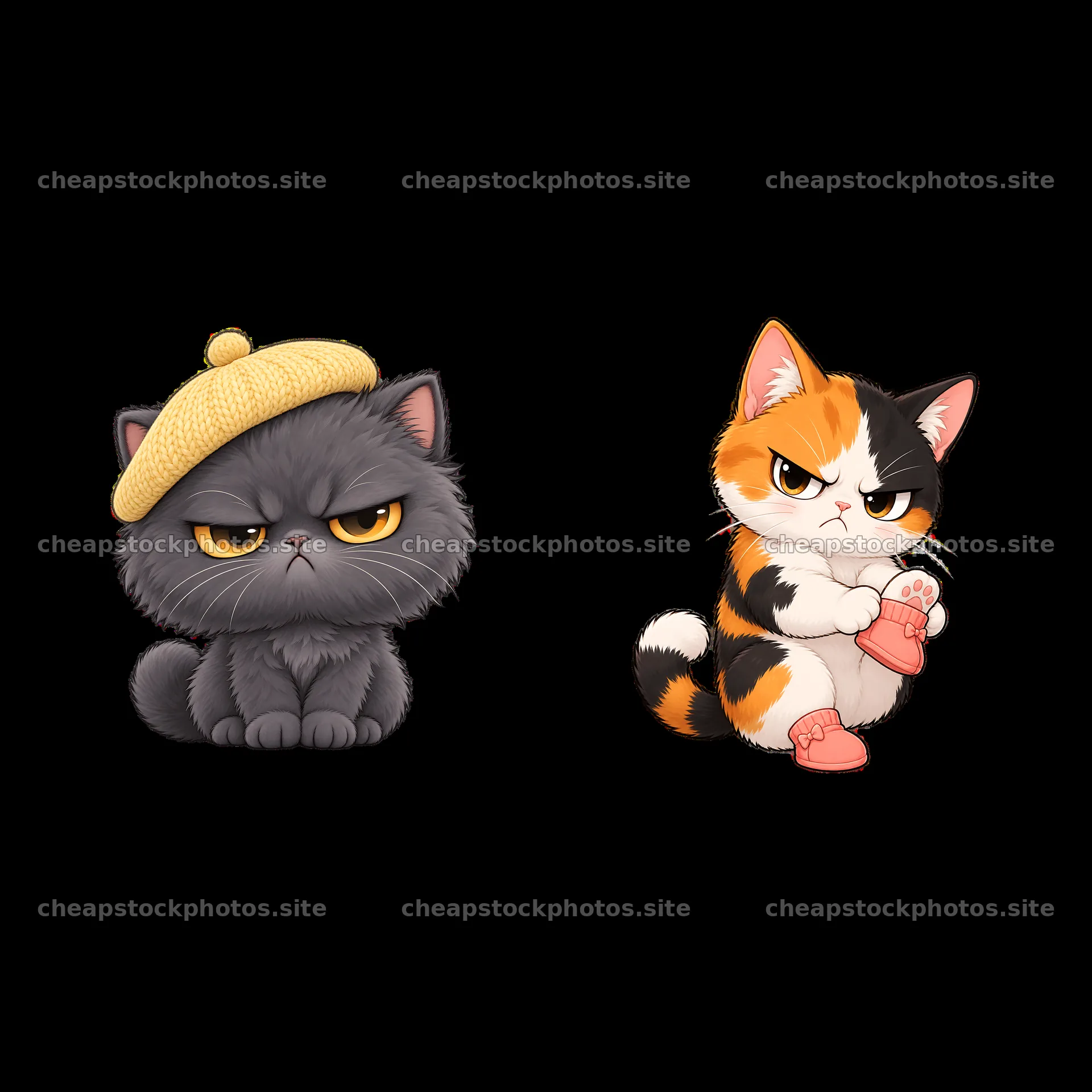 Kawaii grumpy cat duo with beret and cleaning paws – stock photos 7746x7746