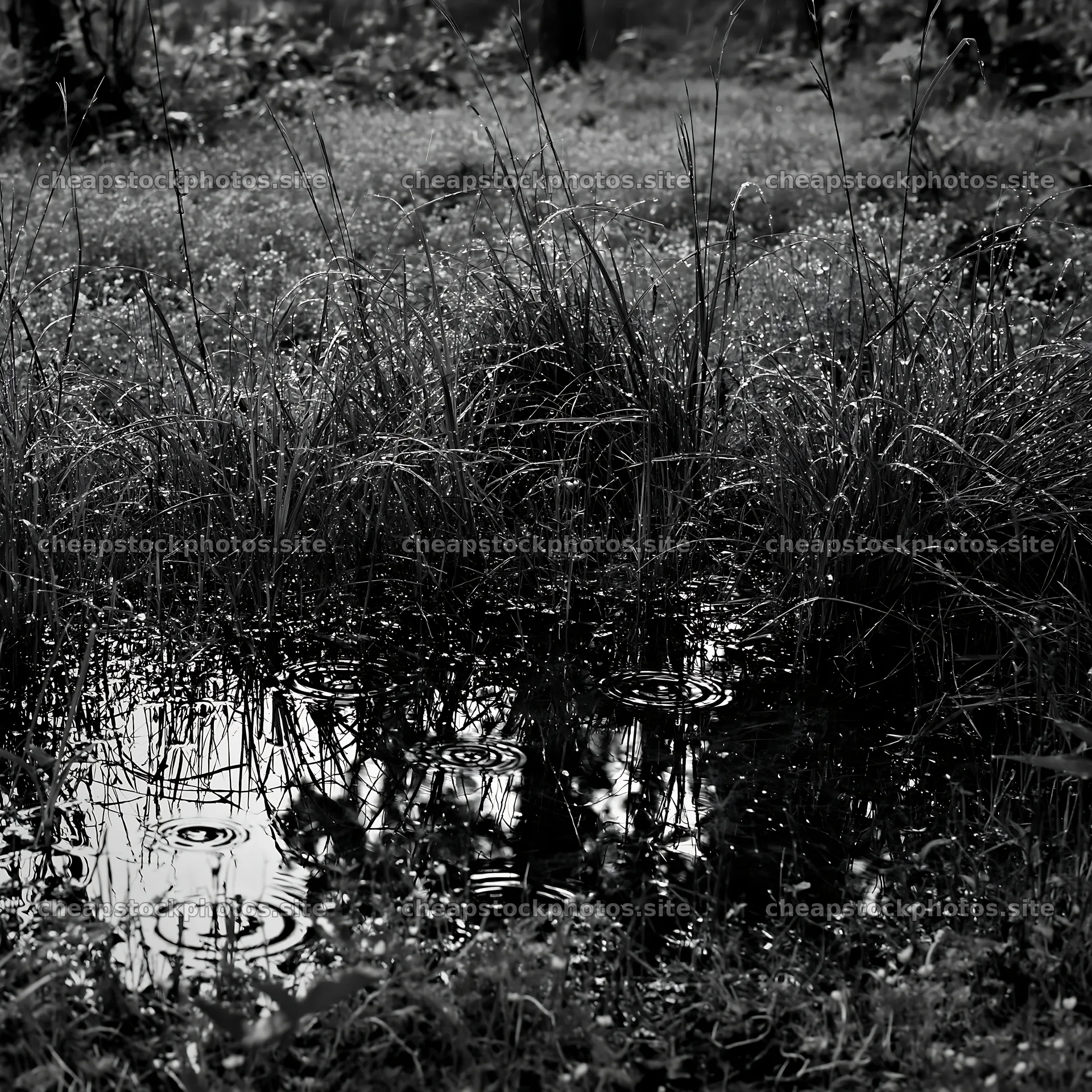 Kochi monsoon meadow with rain beaded grasses and puddles – stock photos 7938x7938