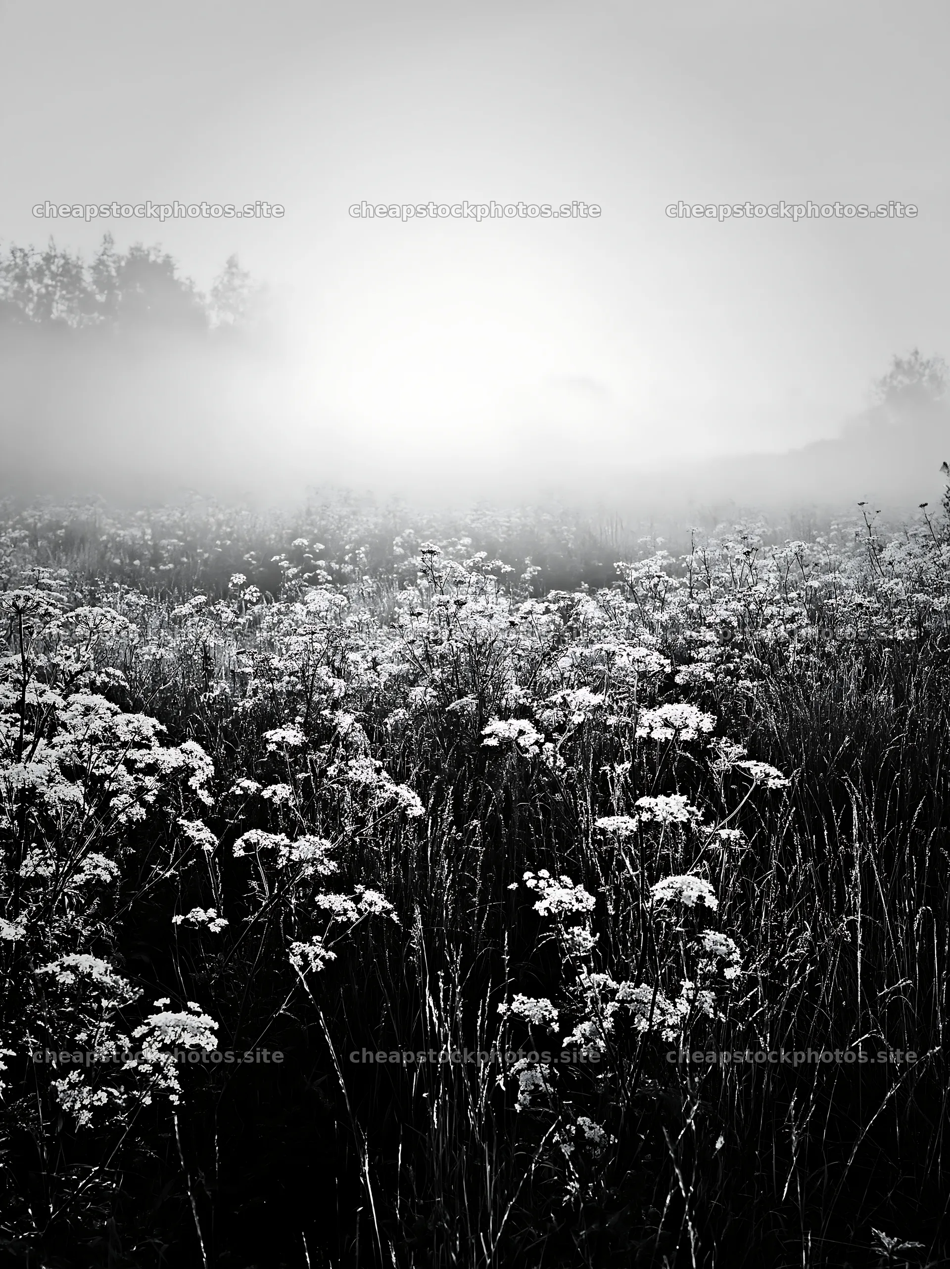 Cow parsley meadow at dawn with soft light in the background – stock photos 6866x9174