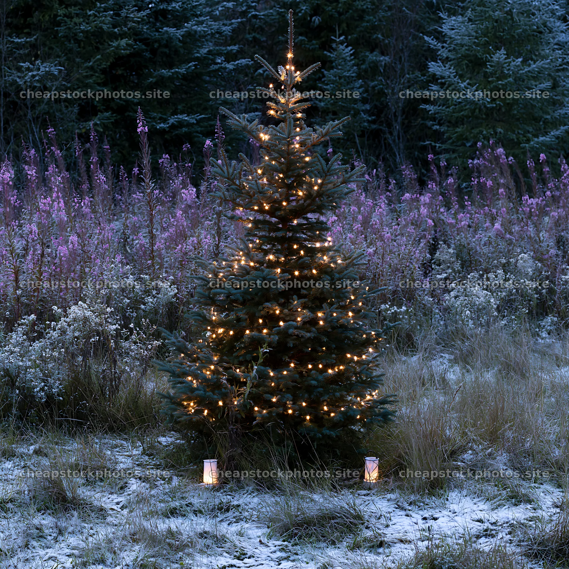Christmas tree in mountain meadow after snowfall with lights – stock photos 7938x7938
