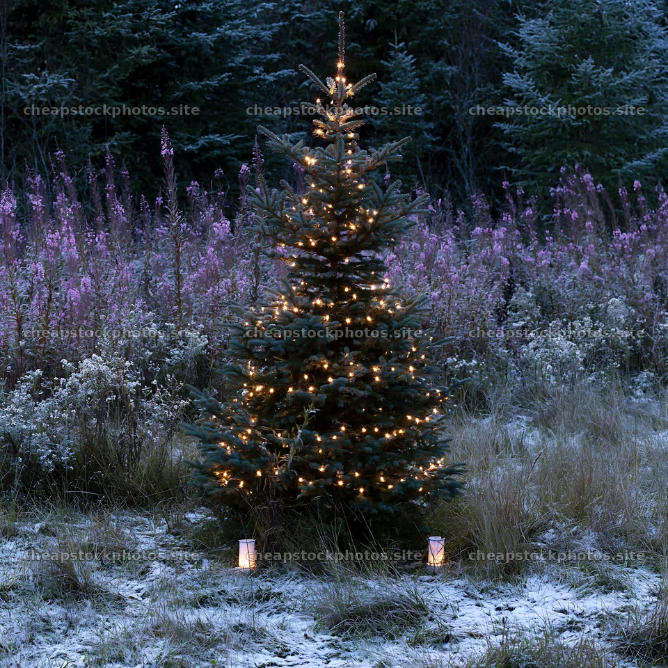 Christmas tree in mountain meadow after snowfall with lights – stock photos 7938x7938