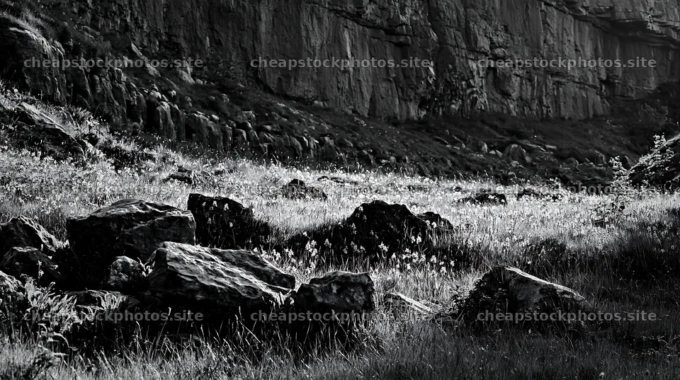 Biodiverse meadow with rocks and cliffs in natural light – stock photos 10608x5938