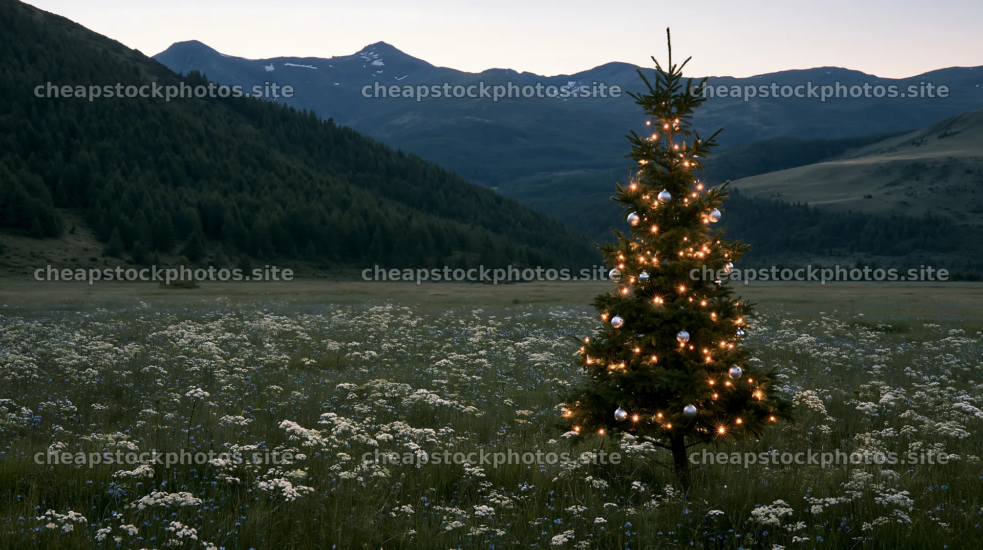 Christmas tree decorated in mountain valley meadow – stock photos 10608x5938