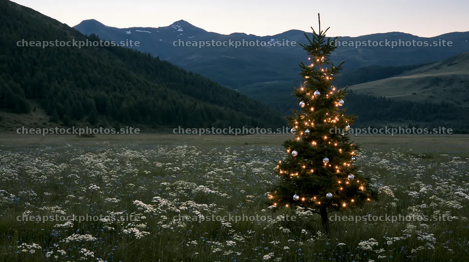 Christmas tree decorated in mountain valley meadow – stock photos 10608x5938