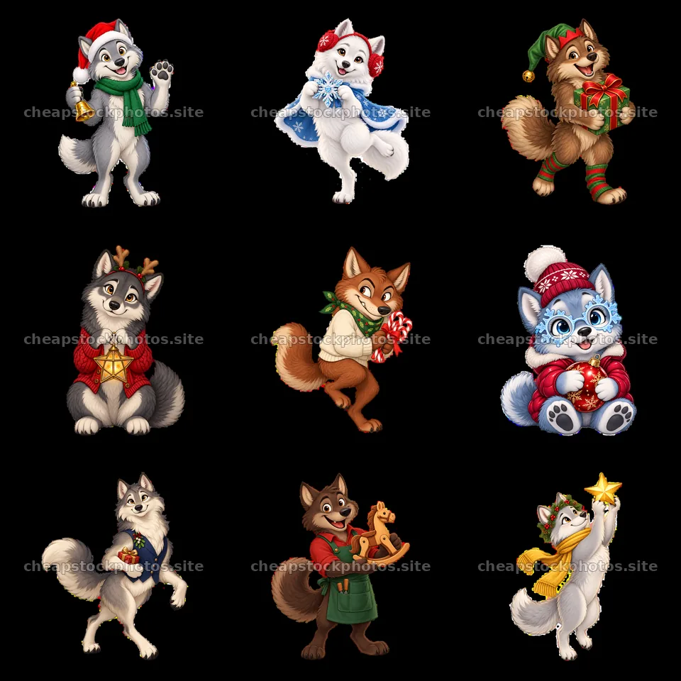 Christmas wolves in various festive poses and outfits – stock photos 7746x7746