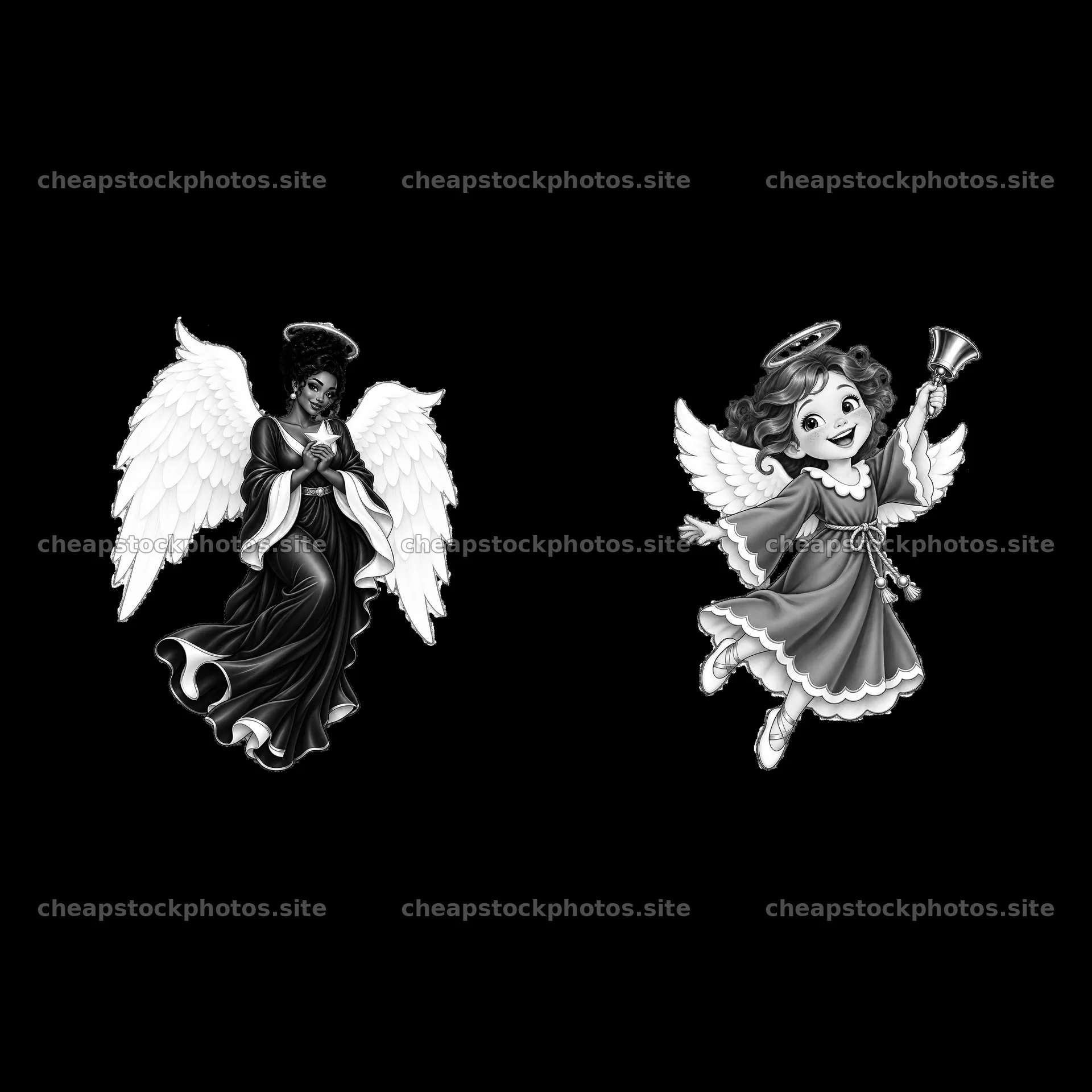 Christmas angel stickers featuring a dark angel and a cheerful angel – stock photos 7746x7746