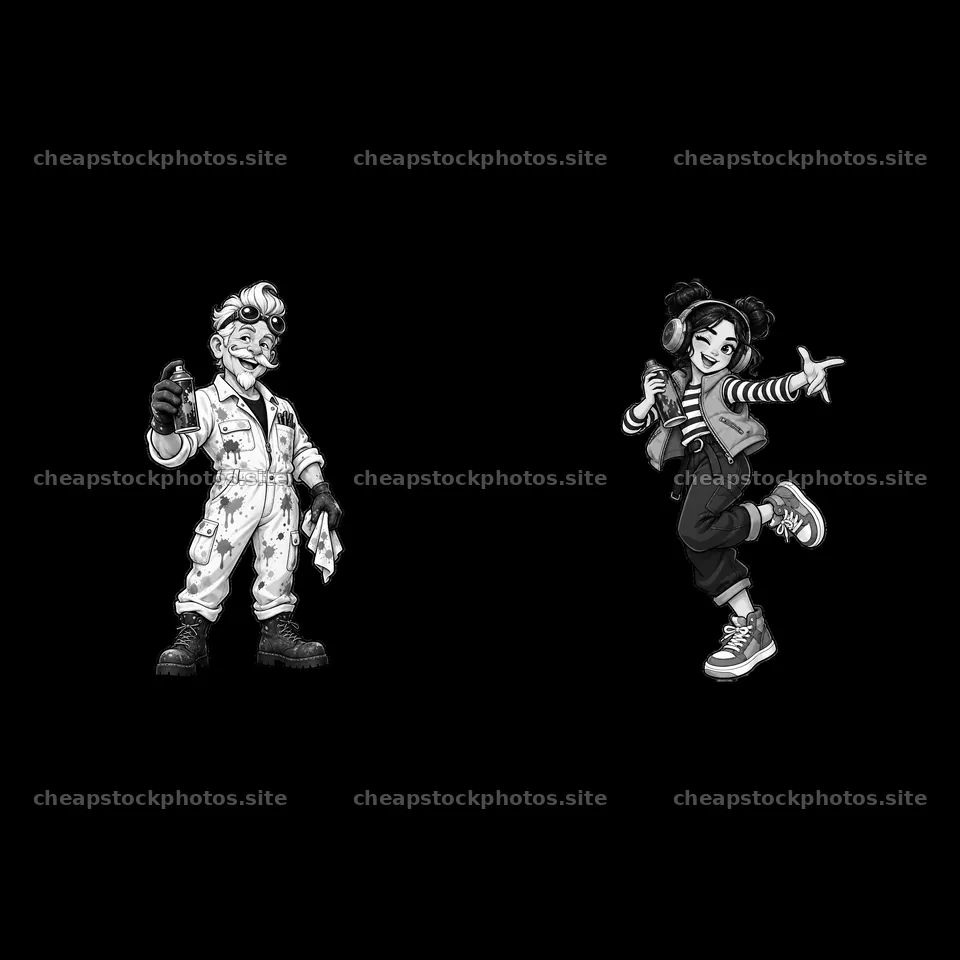 Cool graffiti sprayer duo with spray can and artistic pose – stock photos 7746x7746