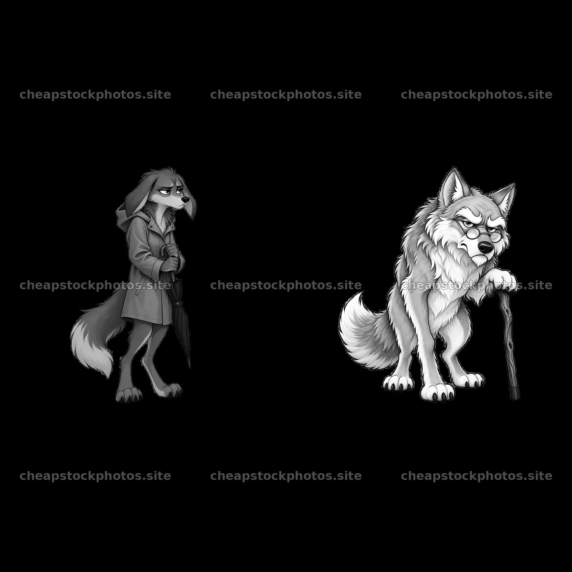 Grumpy wolf characters standing with cane and umbrella – stock photos 7746x7746