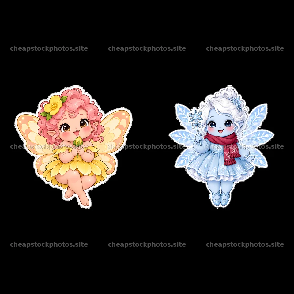 Kawaii chubby fairies with colorful wings and cheerful expressions – stock photos 7746x7746