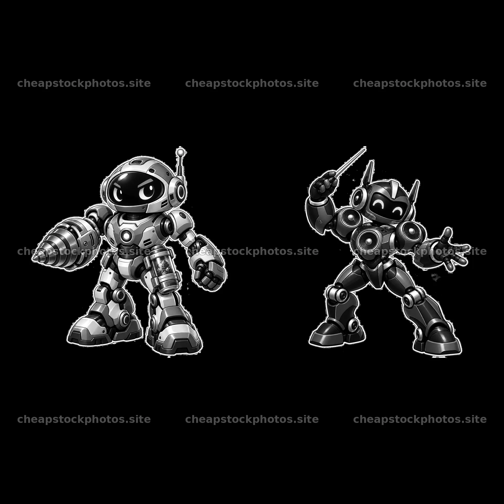 Mech robots stand with tools in black and white design – stock photos 7746x7746