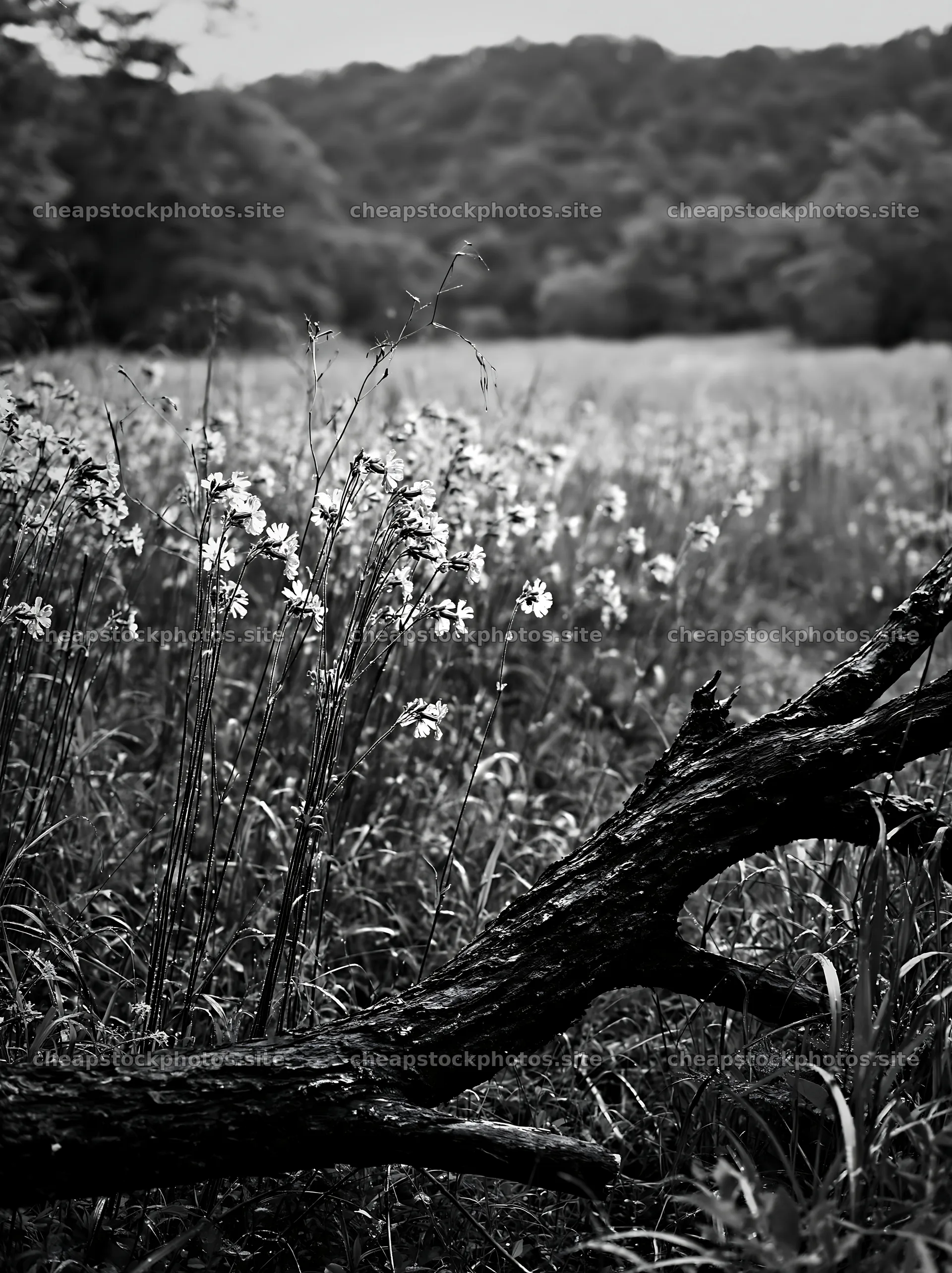 Yamagata rewilded meadow with fallen branch in the foreground – stock photos 6866x9174