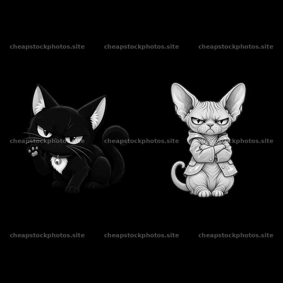 Kawaii grumpy cat duo with a black cat and a Sphynx cat – stock photos 7746x7746