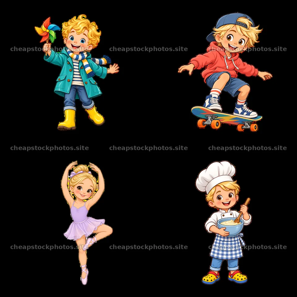 Blond child engaging in fun activities with different outfits – stock photos 7746x7746
