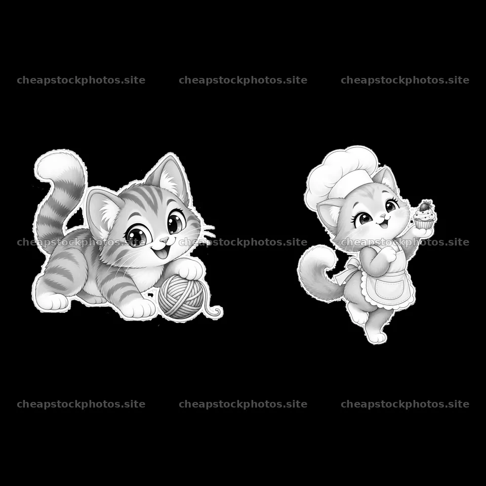 Kawaii cat playing with yarn and baking cupcake sticker pair – stock photos 7746x7746