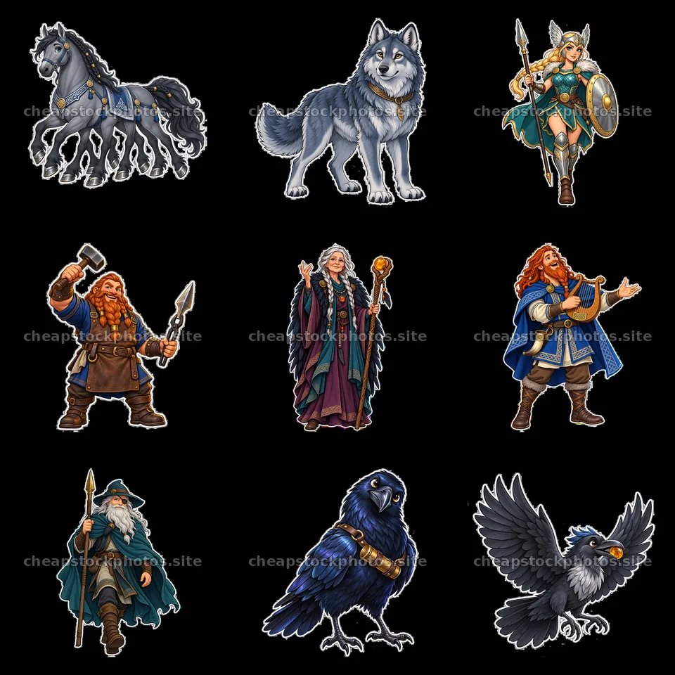 Odin and his companions in a 3x3 cartoon sticker layout – stock photos 7746x7746