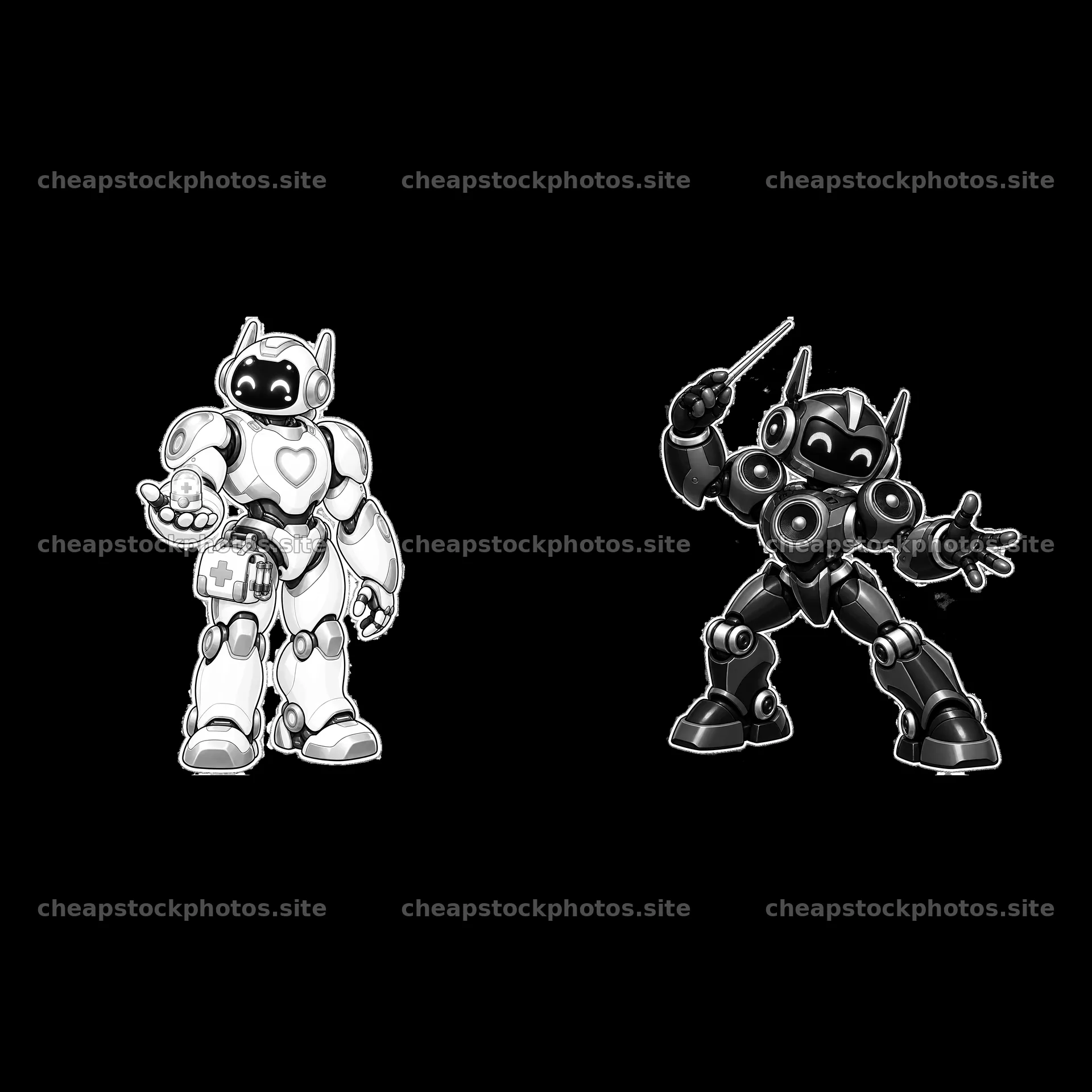 Two mech robots in dynamic poses, one with heart and tools – stock photos 7746x7746