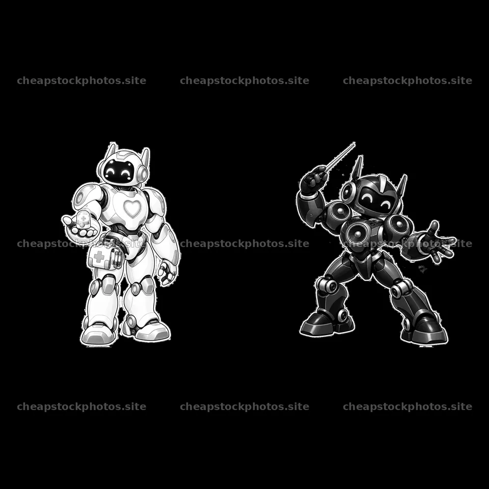 Two mech robots in dynamic poses, one with heart and tools – stock photos 7746x7746