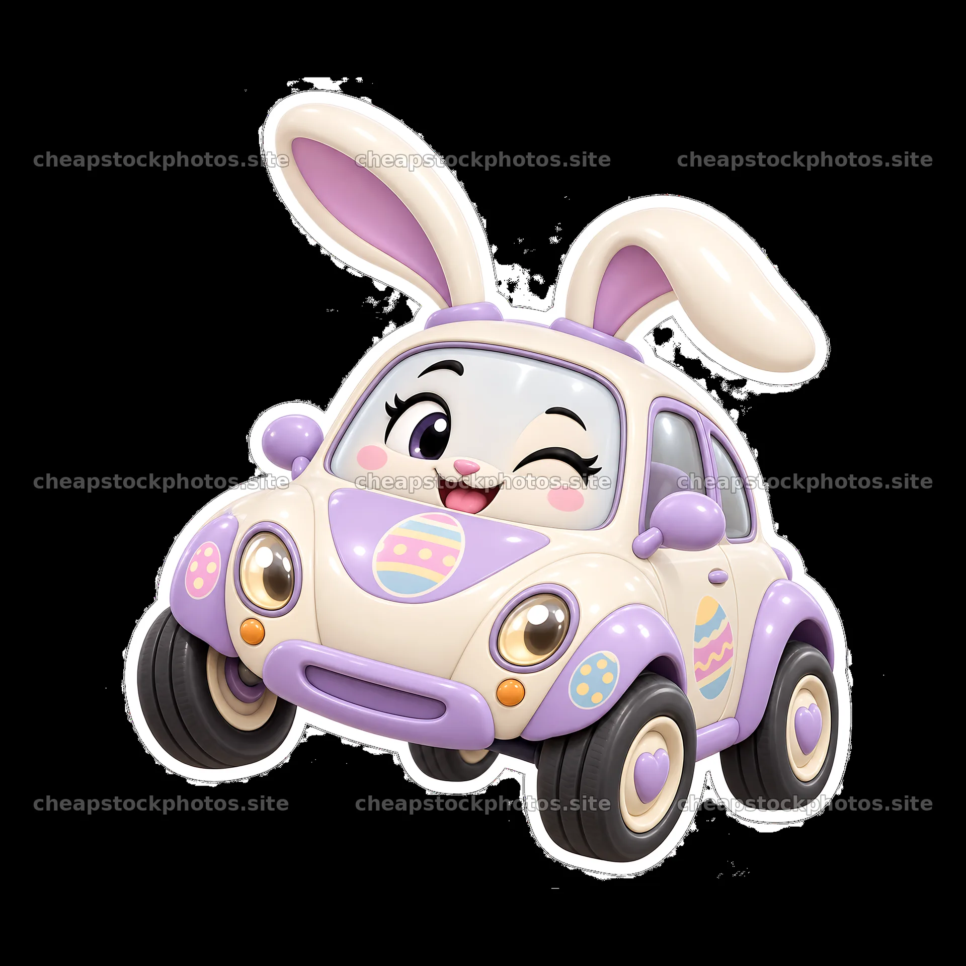 Cute bunny car with Easter decorations smiling and driving – stock photos 7746x7746