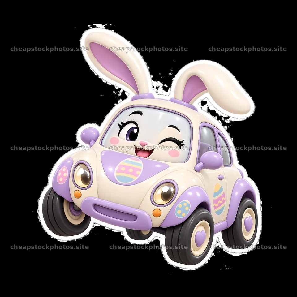 Cute bunny car with Easter decorations smiling and driving – stock photos 7746x7746