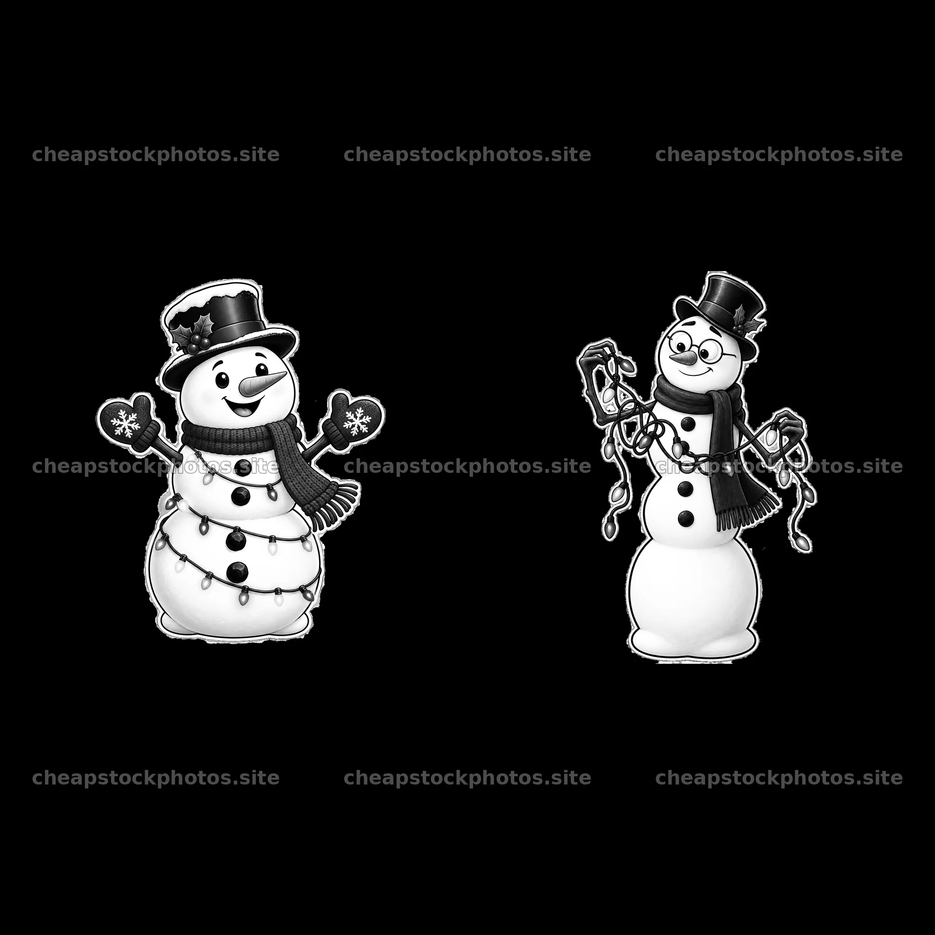 Two snowmen decorated with string lights and winter accessories – stock photos 7746x7746