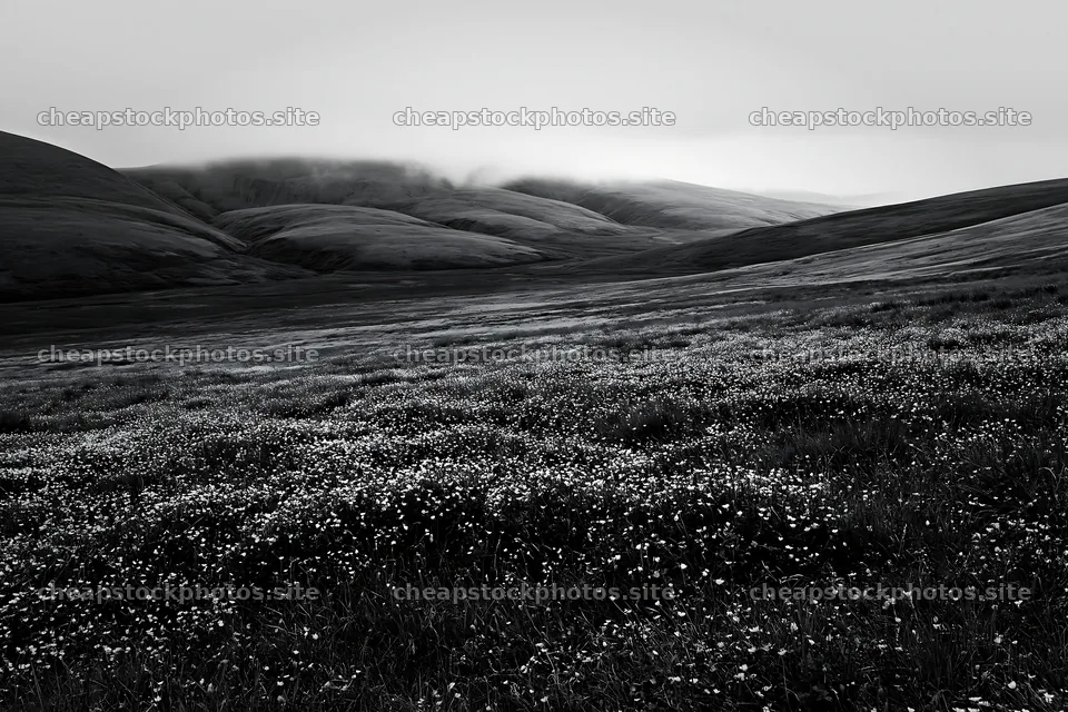 Buttercup meadow with rolling hills under a cloudy sky – stock photos 9722x6480