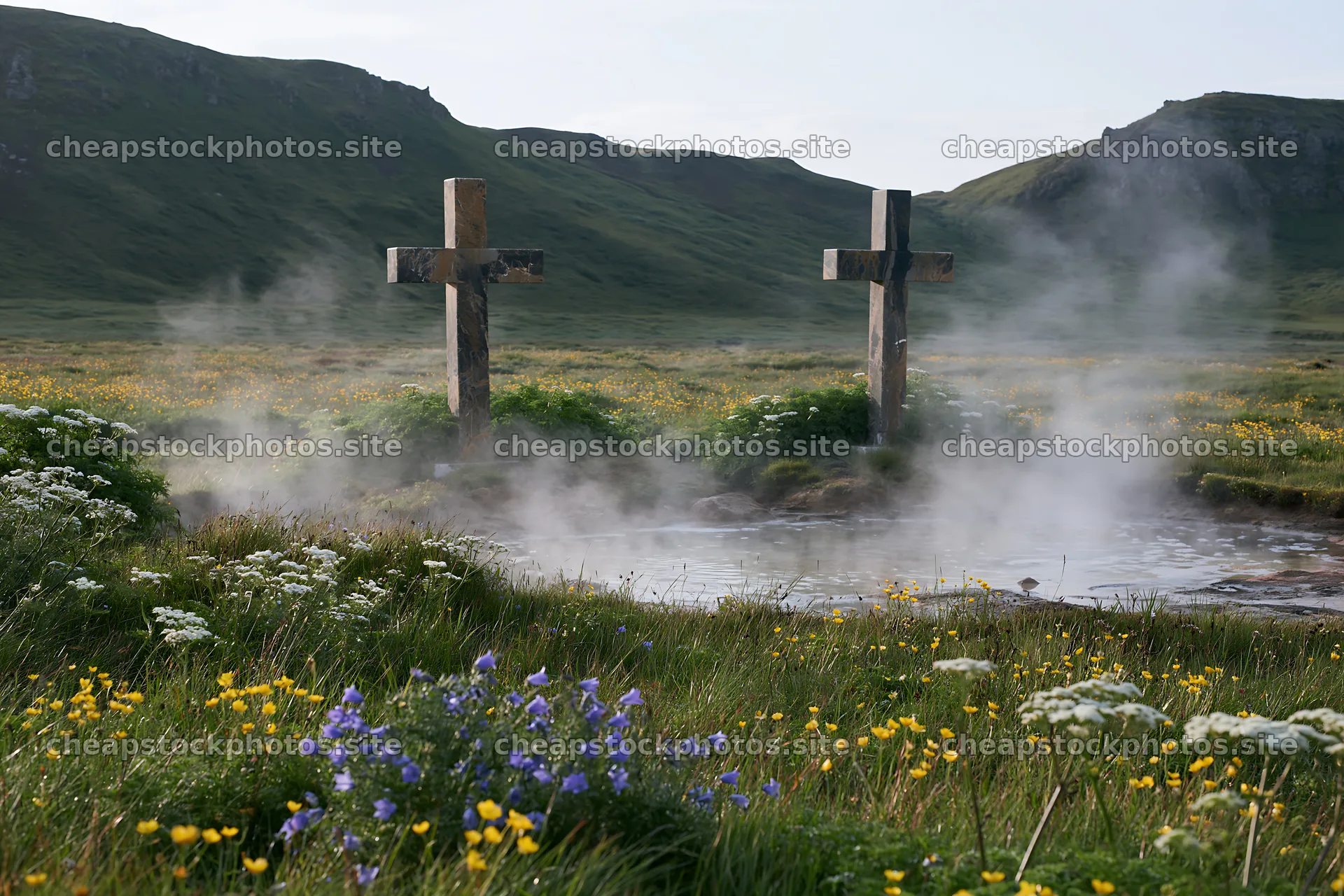 Two Christian crosses near thermal spring in meadow – stock photos 9722x6480